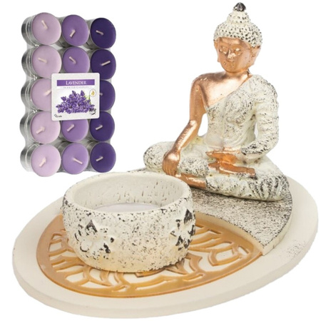 Buddha statue for inside 15 cm with 30x tea lights lavendel