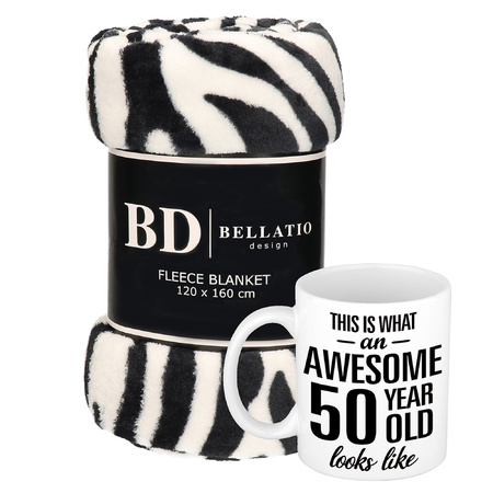 Gift birthday 50 years woman set: Fleece plaid/blanket zebra print with Awesome 50 year mug 300 ml