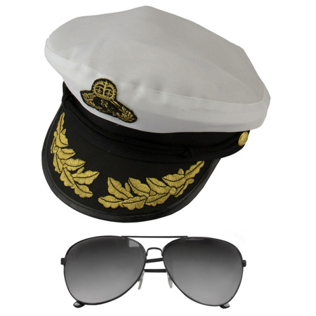 Carnaval ship captain hat - with mirror sunglasses - white - for men/woman