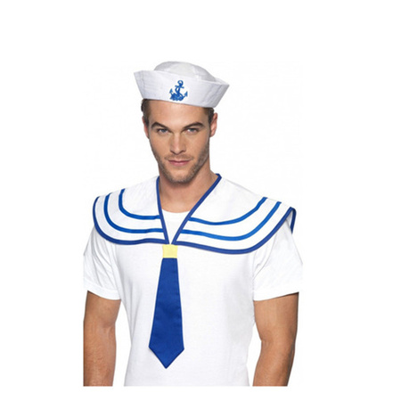Carnaval ship sailor hat - with neck collar - white/blue - for adults