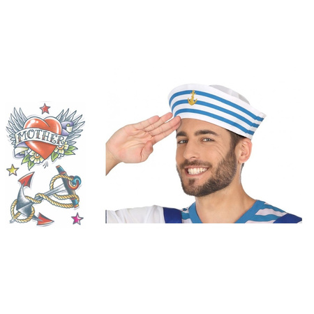 Carnaval ship sailors hat - with maritime tattoo set - white - for adults