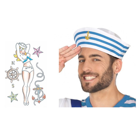 Carnaval verkleed Matrozen hoedje - wit - met zeeman plak tatoeages - volwassenen