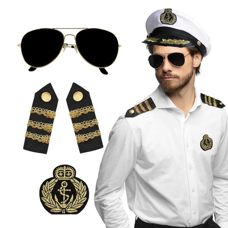 Carnaval ship Captain set - hat - white - with sunglasses/shoulder pieces/badge - for men/woman