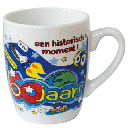 Cartoon mug 60 year old  Dutch text + postcard