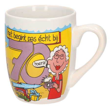 Cartoon mug 70 year old female Dutch text + postcard