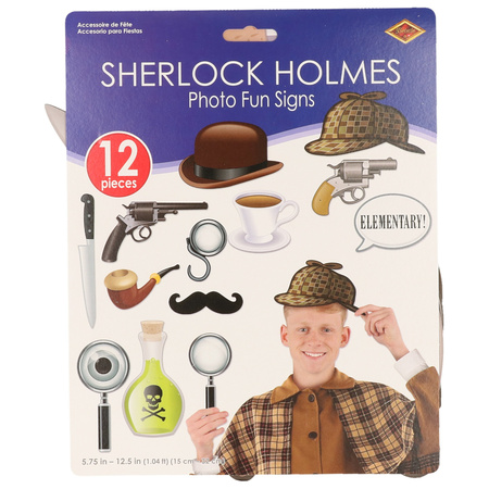 Photo prop set Detective - 12 pcs - double-sided - Holmes/mystery theme party - photo booth