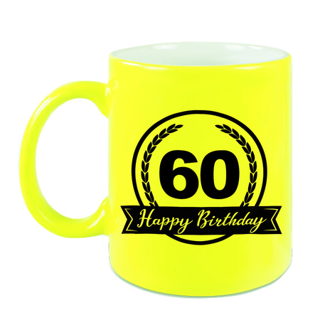 Happy Birthday 60 years mug neon yellow with hearts 330 ml