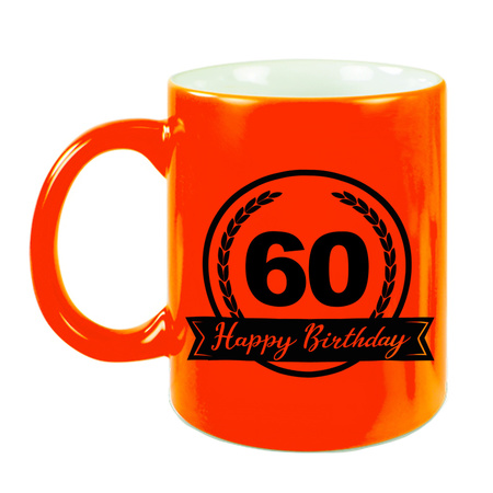 Happy Birthday 60 years cadeau mok / beker neon oranje met wimpel 330 ml