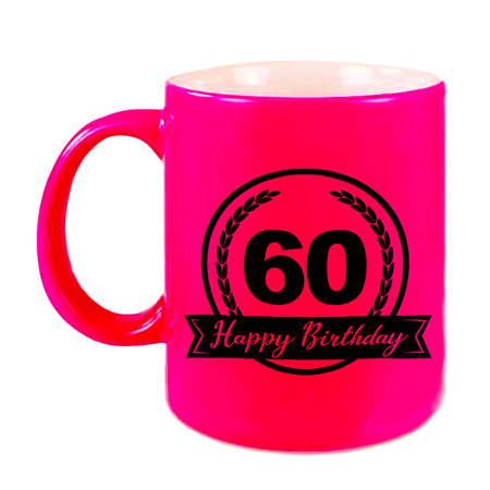 Happy Birthday 60 years mug neon pink with hearts 330 ml
