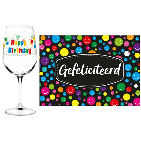 Happy birthday drinkglass for 65th birthday with Gefeliciteerd A5 postcard