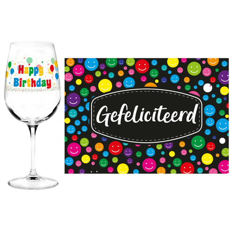 Happy birthday drinkglass for 75th birthday with Gefeliciteerd A5 postcard