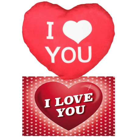 I Love You Set - Hartjes kussen met ansichtkaart - Rood - 20 cm