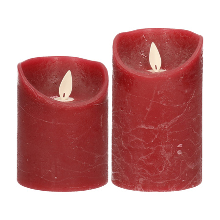 LED kaarsen/stompkaarsen - set 2x - bordeaux rood - H10 en H12,5 cm - bewegende vlam