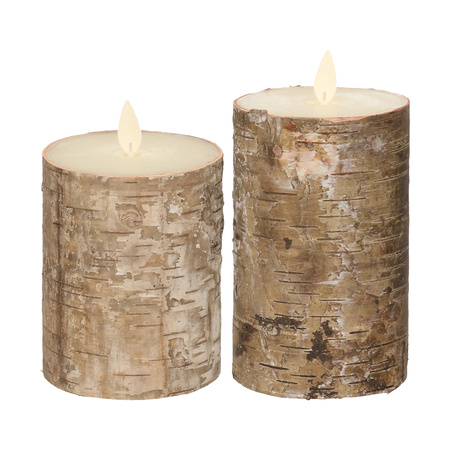 LED candles - set 2x - brown birch wood - H10 and H12,5 cm - flickering flame
