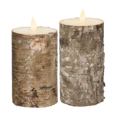 LED candles - set 2x - brown birch wood - H12,5 and H15 cm - moving flame