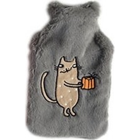 Light grey plush warm water bottle with brown cat/pussy 2 liters