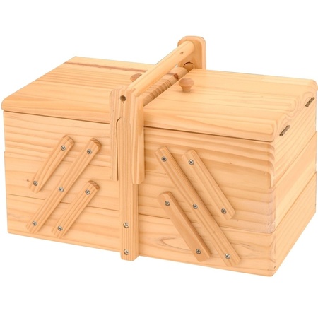 Fold-out wooden sewing box with handle