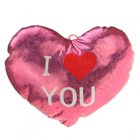Plush shiny pink heart pillow I Love You 14 cm