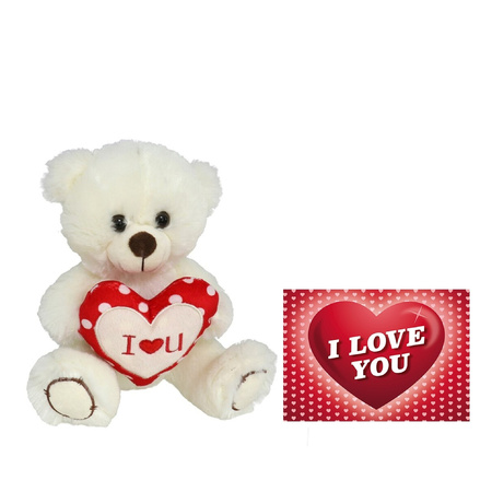 Plush teddy bear with I Love heart - white/red - 20 cm - inc. greeting card