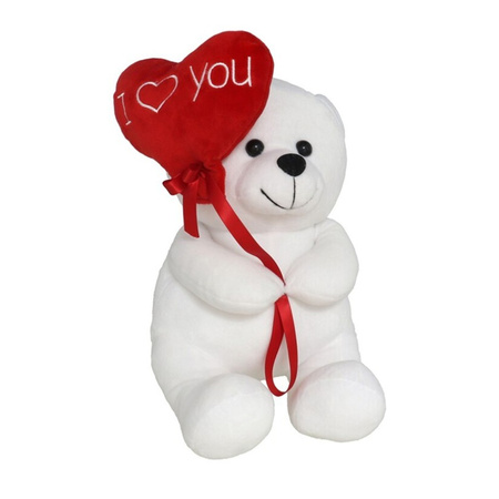 Plush teddy bear with I Love heart - white/red - 20 cm - inc. greeting card
