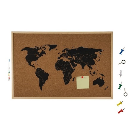 Bulletin board world map with 20x flag pushpins multicolor - 60 x 40 cm - cork