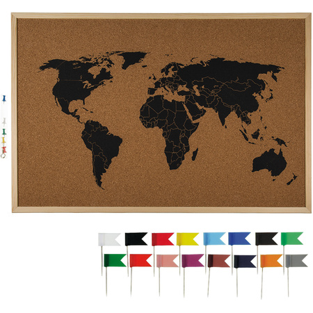 Bulletin board world map with 20x flag pushpins multicolor - 60 x 40 cm - cork