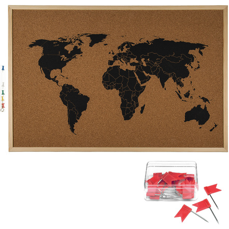 Bulletin board world map with 20x flag pushpins red - 60 x 40 cm - cork