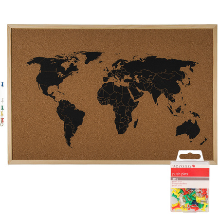 Prikbord wereldkaart met 40x punaises gekleurd - 60 x 40 cm - kurk