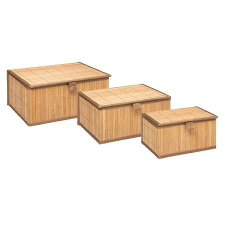 Set of 3x home/bathroom storage boxes with lid of bamboo rectangular brown