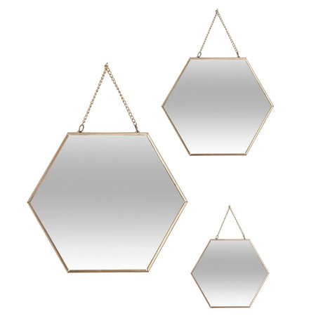 Set of 3x mirrors/wall mirrors hexagon of metal gold with chain