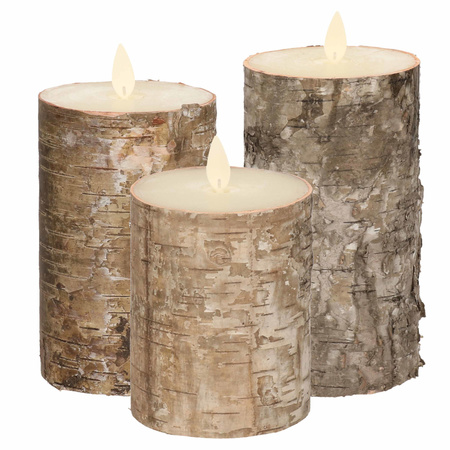 Set of 3x Brown wood Led candles with moving flame