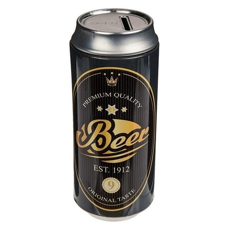 Spaarpot blikje Bier/Beer - metaal - zwart/goud - Drank thema - 16 cm