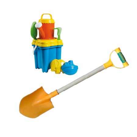 Strand/zandbak speelgoed emmer met vormpjes en kleine schepjes + grote zandschep van 55 cm