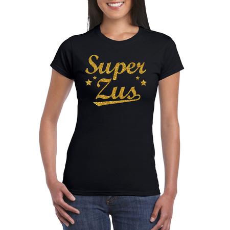 Super zus cadeau t-shirt met gouden glitters op zwart voor dames