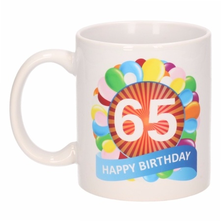 Verjaardag cadeau mok/beker 65 jaar print 300 ml + A5-size wenskaart Happy Birthday