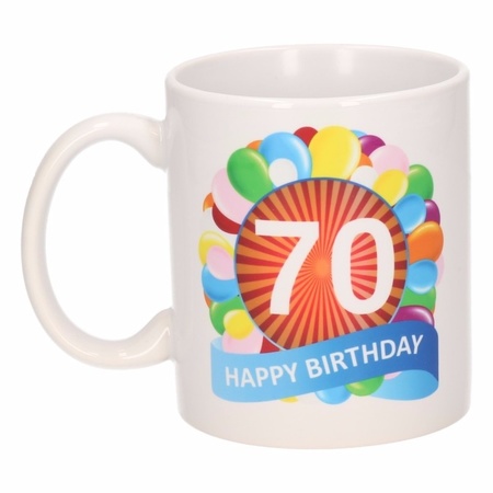 Verjaardag cadeau mok/beker 70 jaar print 300 ml + A5-size wenskaart ouwe zak