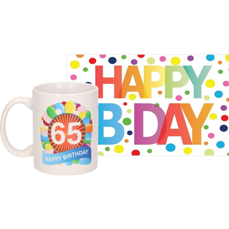 Birthday present mug 65 years + Dutch text Happy Birthday postcard