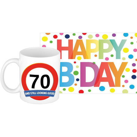 Birthday present mug 70 years + Dutch text Happy Birthday postcard