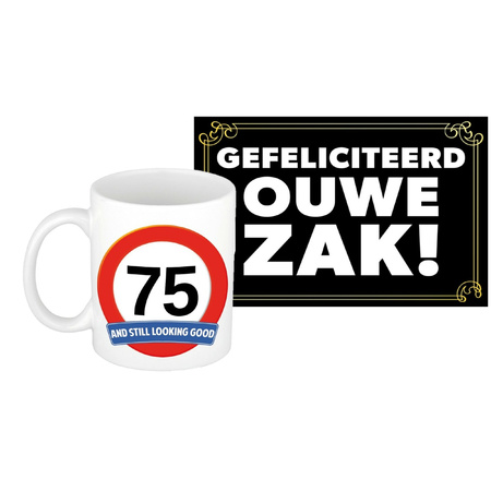 Birthday present mug 75 years + Dutch text old bastard postcard