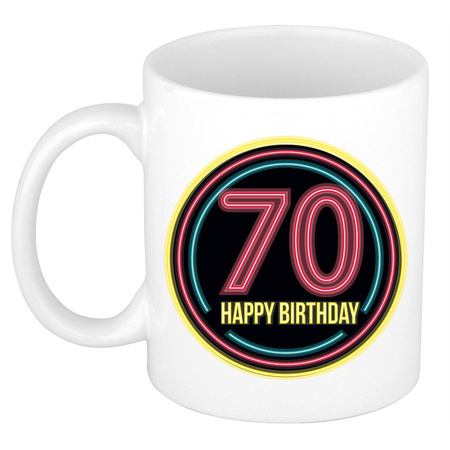 Verjaardag mok / beker -  happy birthday 70 jaar - neon - 300 ml - verjaardagscadeau