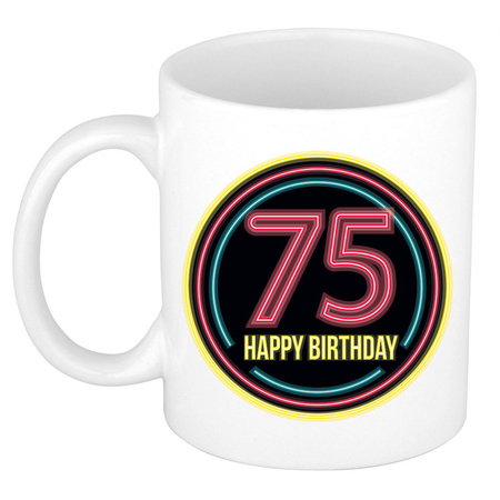 Verjaardag mok / beker -  happy birthday 75 jaar - neon - 300 ml - verjaardagscadeau