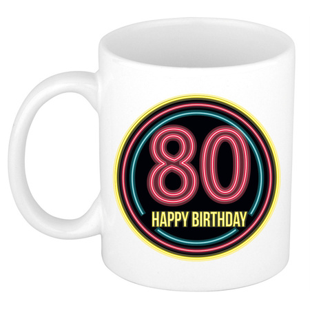 Verjaardag mok / beker -  happy birthday 80 jaar - neon - 300 ml - verjaardagscadeau