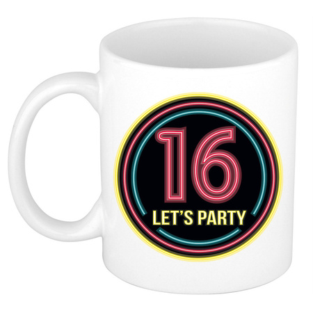 Birthday mug/cup - Lets party 16 years - neon - 300 ml - birthday present