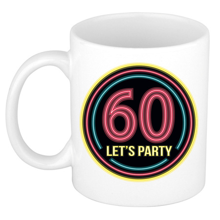 Verjaardag mok / beker - Lets party 60 jaar - neon - 300 ml - verjaardagscadeau