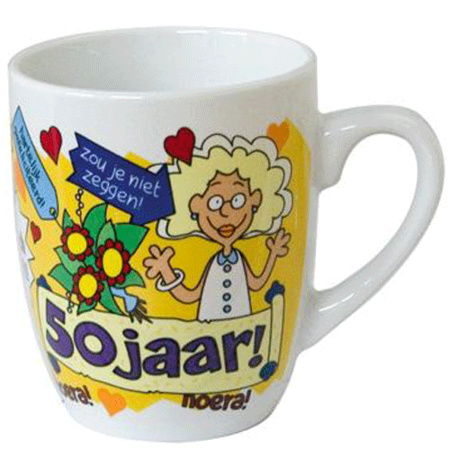 Cartoon mug 50 year old female Dutch text + postcard