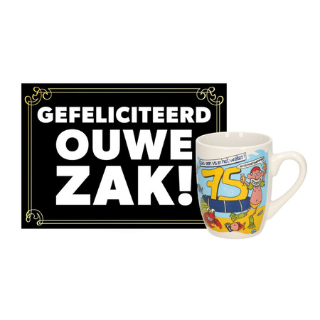 Cartoon mug 75 year old male Dutch text + postcard