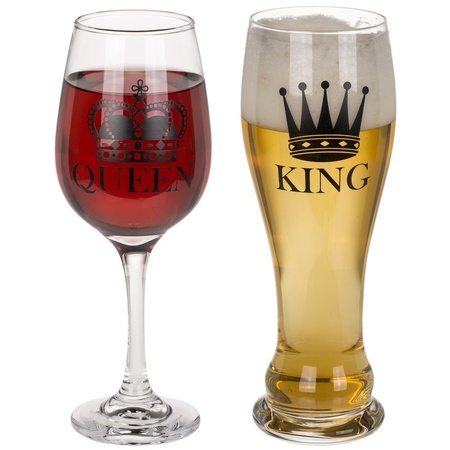 Wijnglas en bierglas set King en Queen