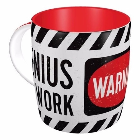 White mug warning genius at work